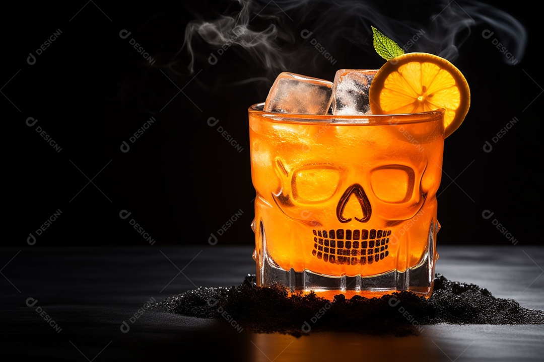 Bebida picante de Halloween com cubo de gelo enfeite fatia de laranja decorada com crânio em fundo preto. Estilo minimalista.