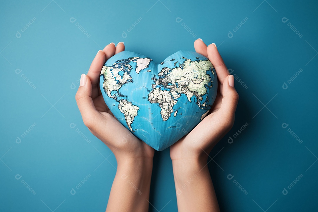 Mãos femininas pintadas no coração fórmico do mapa mundial