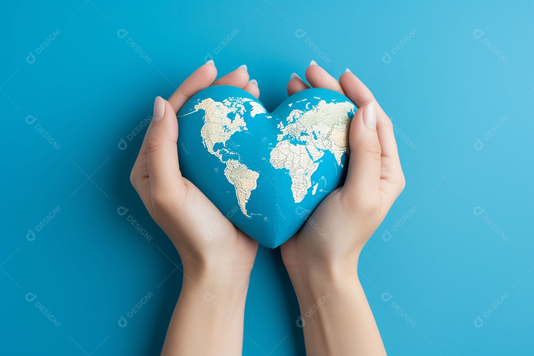 Mãos femininas pintadas no coração fórmico do mapa mundial