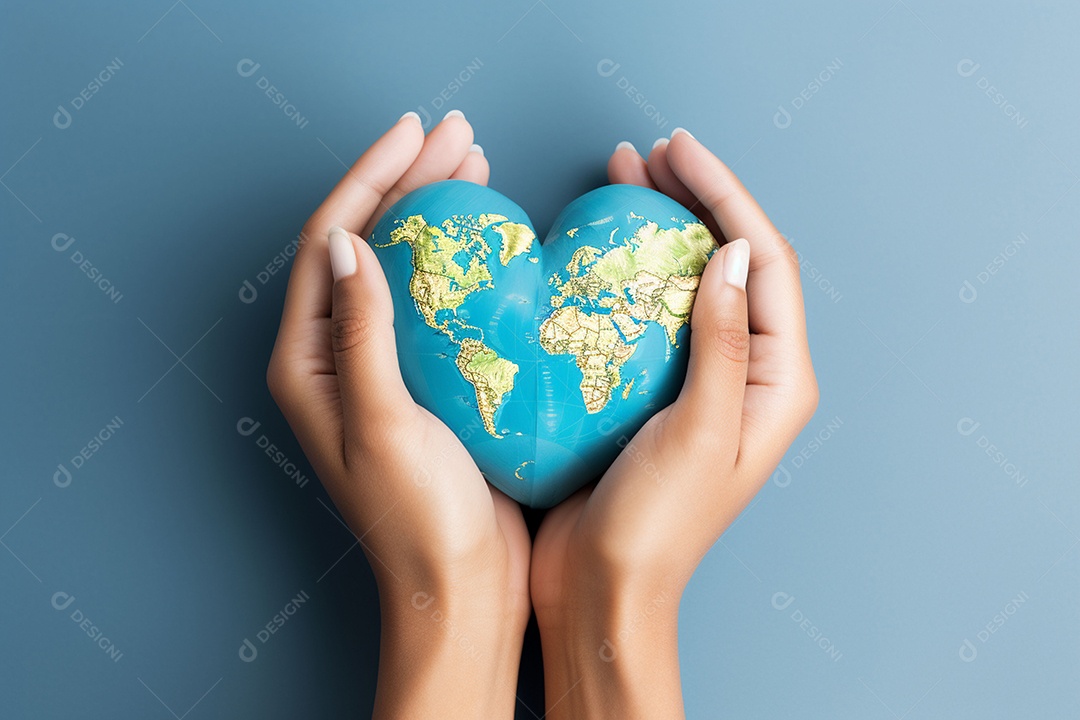 Mãos femininas pintadas no coração fórmico do mapa mundial