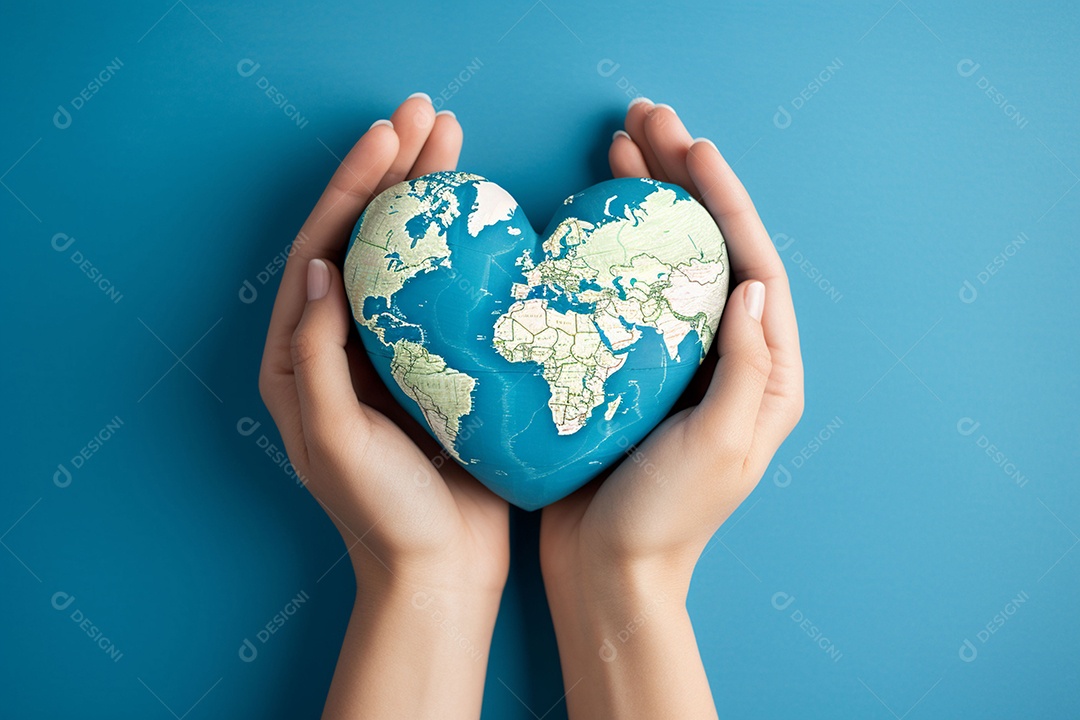 Mãos femininas pintadas no coração fórmico do mapa mundial