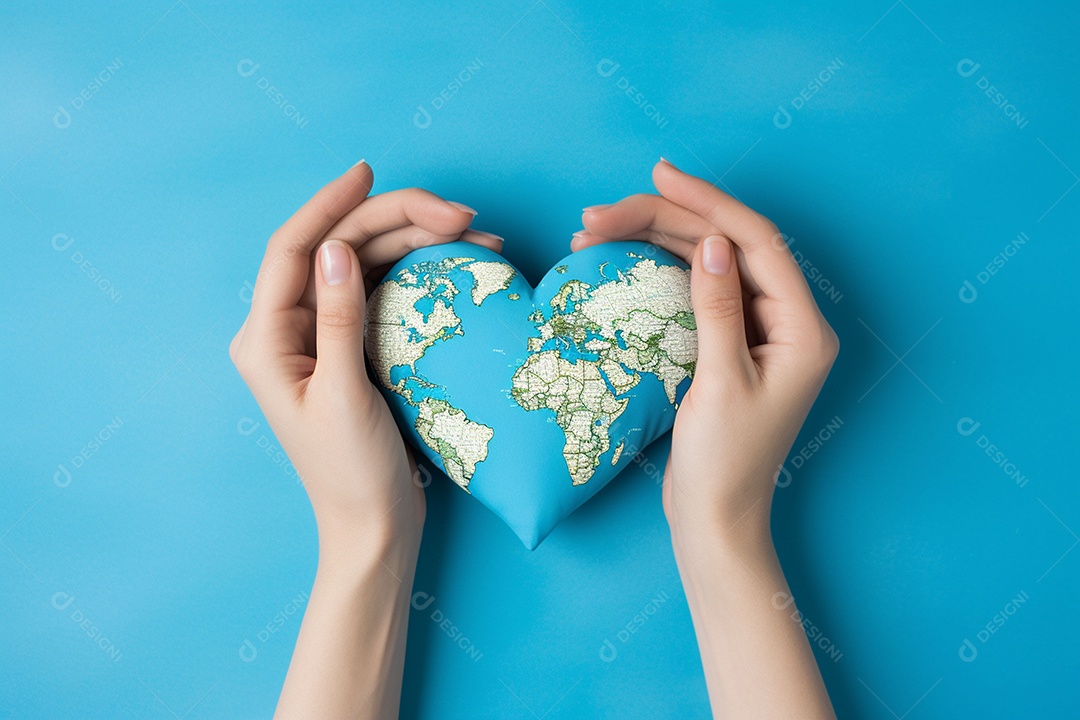Mãos femininas pintadas no coração fórmico do mapa mundial
