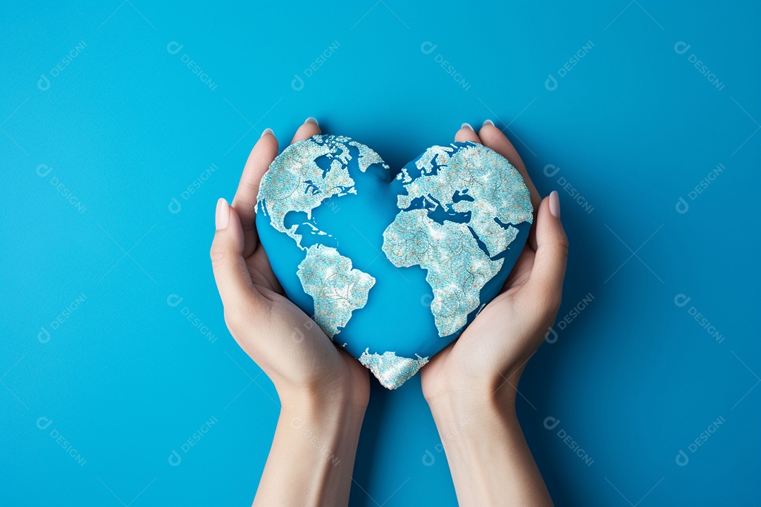 Mãos femininas pintadas no coração fórmico do mapa mundial