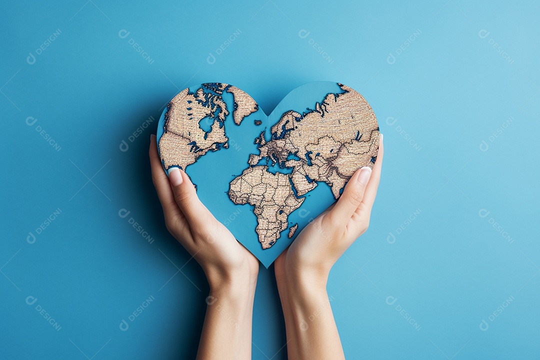 Mãos femininas pintadas no coração fórmico do mapa mundial