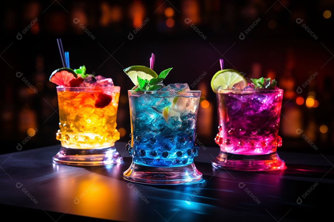 Coquetel de frutas multicolorido com gelo, limão e hortelã em um bar, festa noturna com refrigerantes