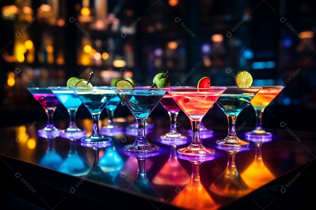 Coquetel de frutas multicolorido com gelo, limão e hortelã em um bar, festa noturna com refrigerantes