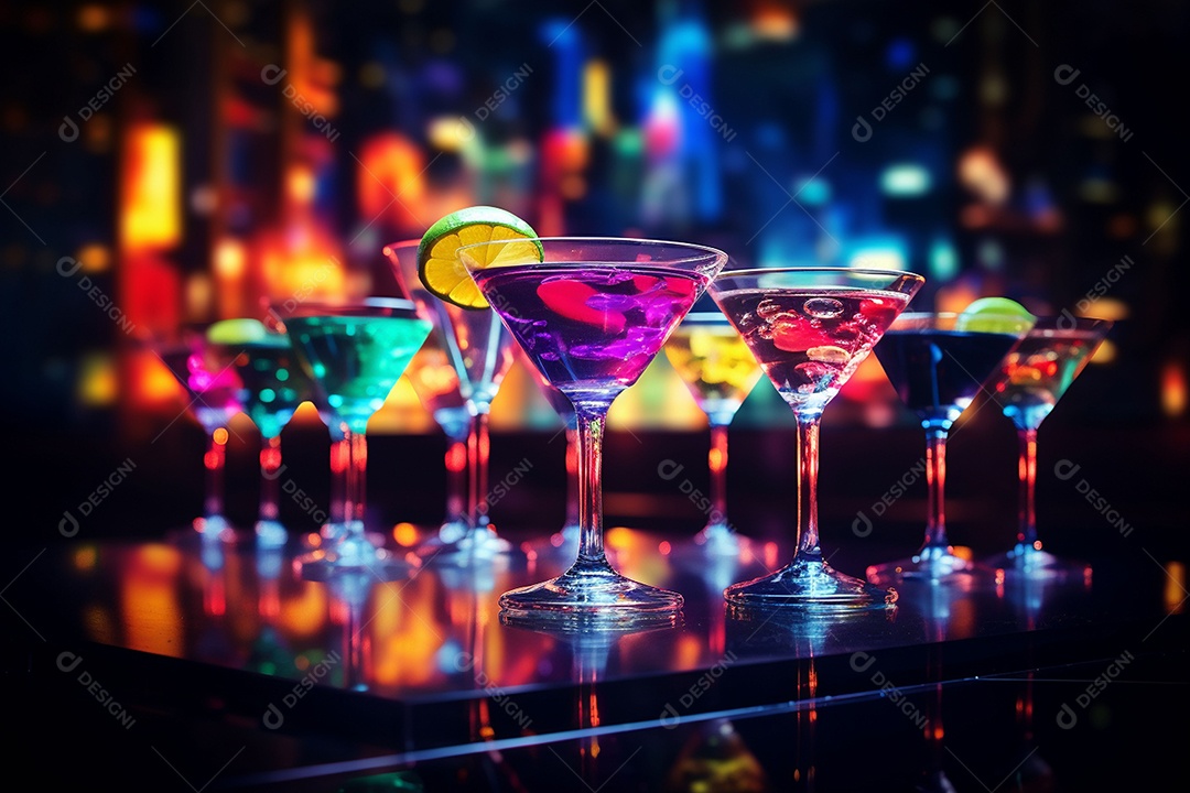 Coquetel de frutas multicolorido com gelo, limão e hortelã em um bar, festa noturna com refrigerantes