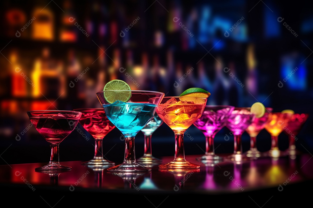 Coquetel de frutas multicolorido com gelo, limão e hortelã em um bar, festa noturna com refrigerantes