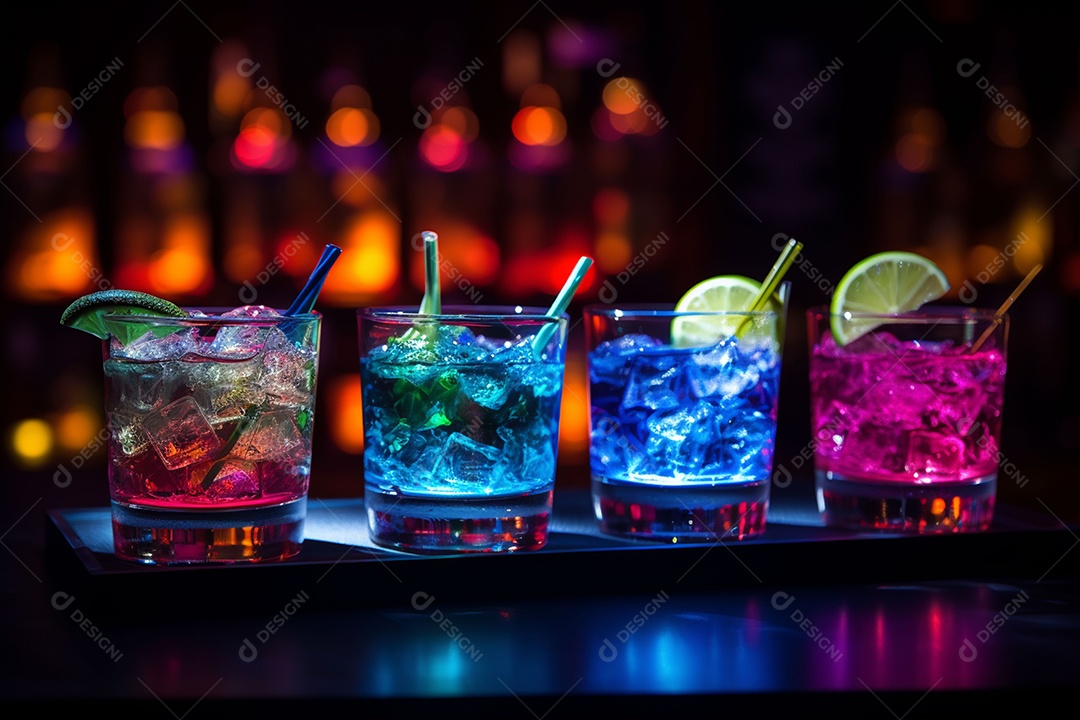 Coquetel de frutas multicolorido com gelo, limão e hortelã em um bar, festa noturna com refrigerantes
