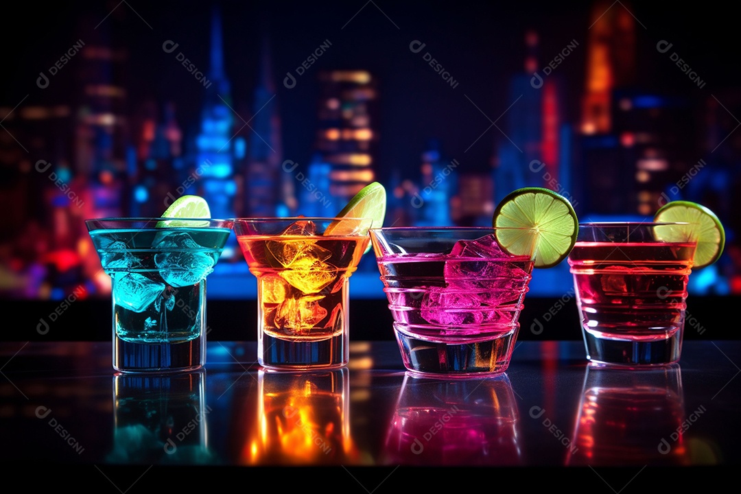 Coquetel de frutas multicolorido com gelo, limão e hortelã em um bar, festa noturna com refrigerantes