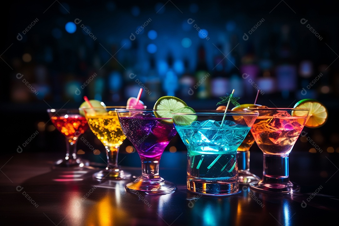 Coquetel de frutas multicolorido com gelo, limão e hortelã em um bar, festa noturna com refrigerantes