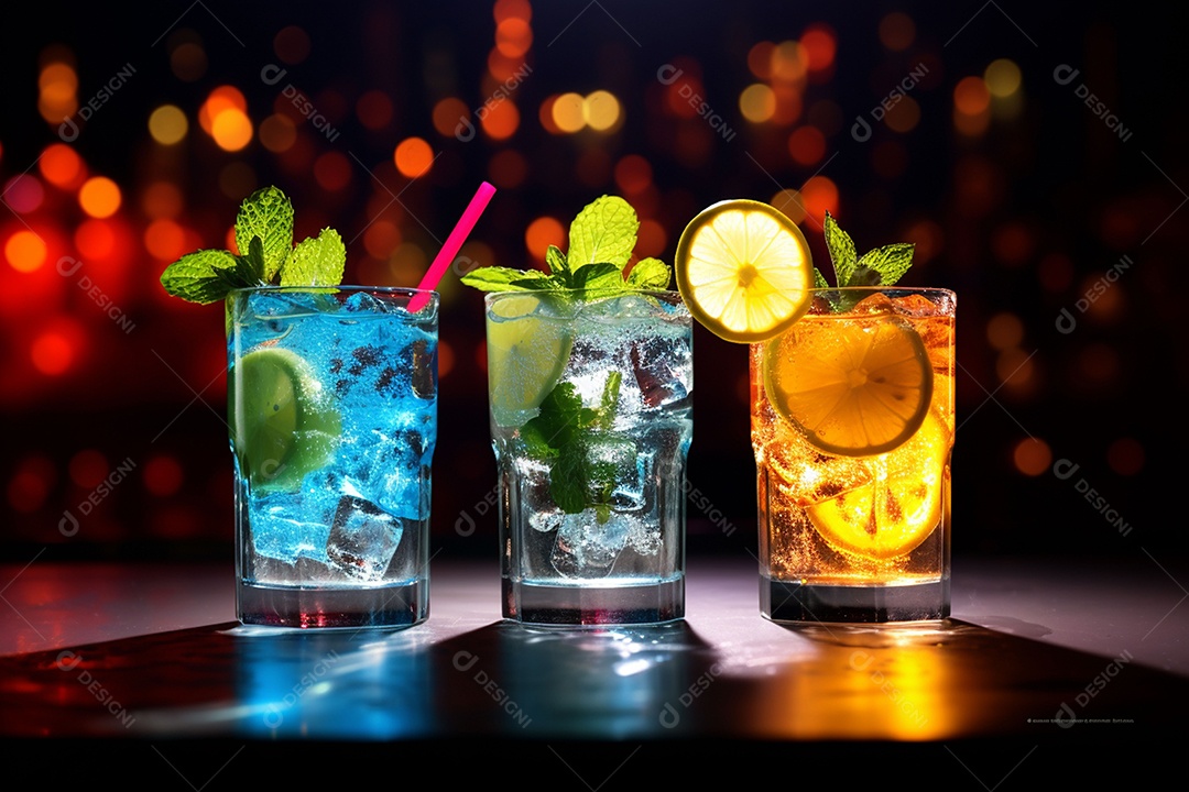 Coquetel de frutas multicolorido com gelo, limão e hortelã em um bar, festa noturna com refrigerantes