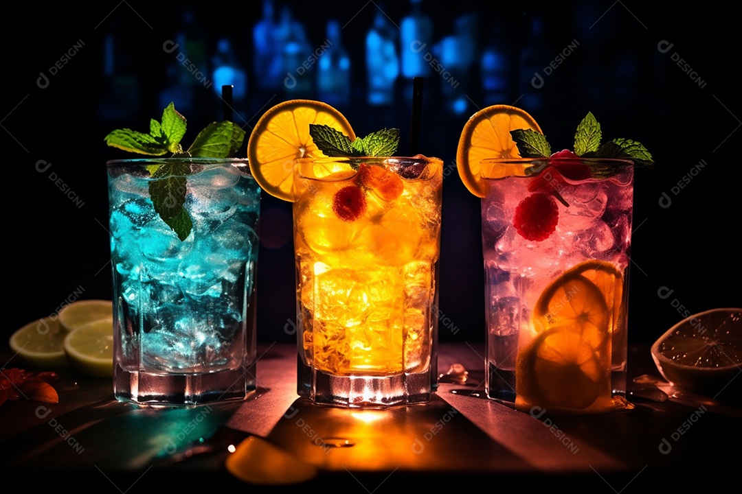 Coquetel de frutas multicolorido com gelo, limão e hortelã em um bar, festa noturna com refrigerantes