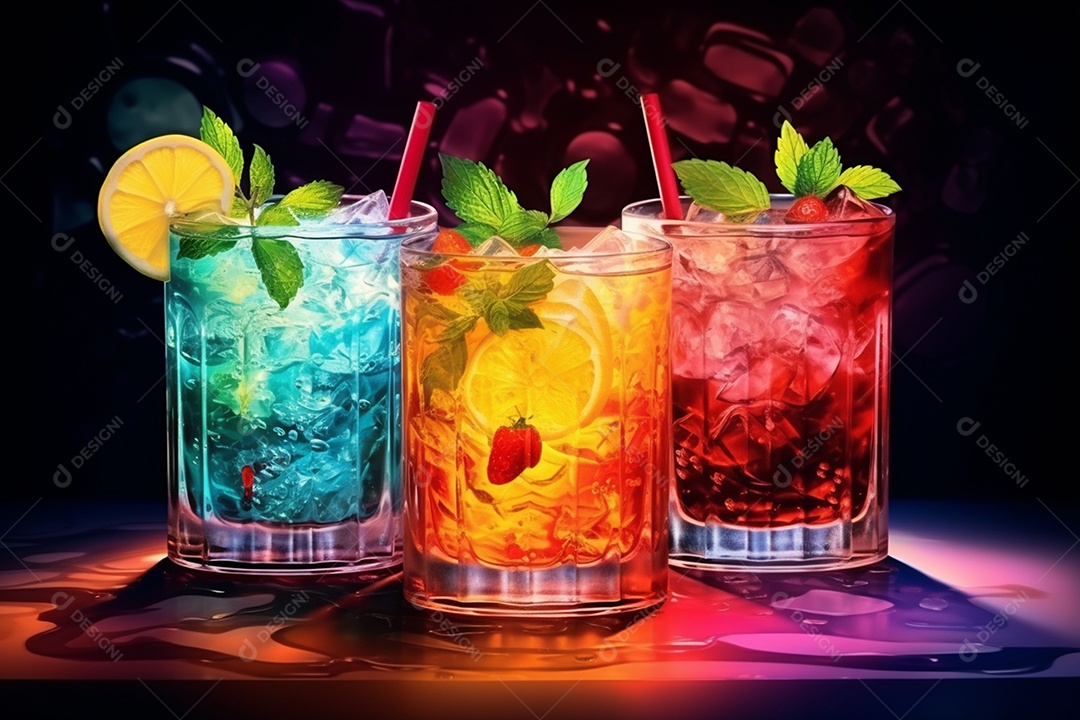 Coquetel de frutas multicolorido com gelo, limão e hortelã em um bar, festa noturna com refrigerantes