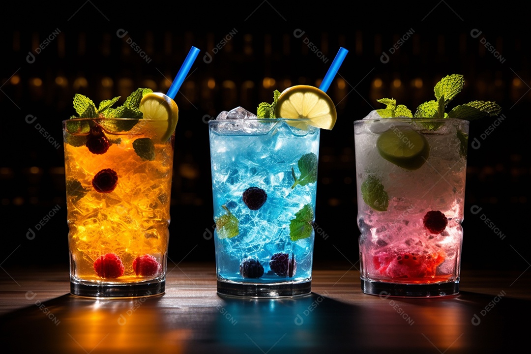 Coquetel de frutas multicolorido com gelo, limão e hortelã em um bar, festa noturna com refrigerantes