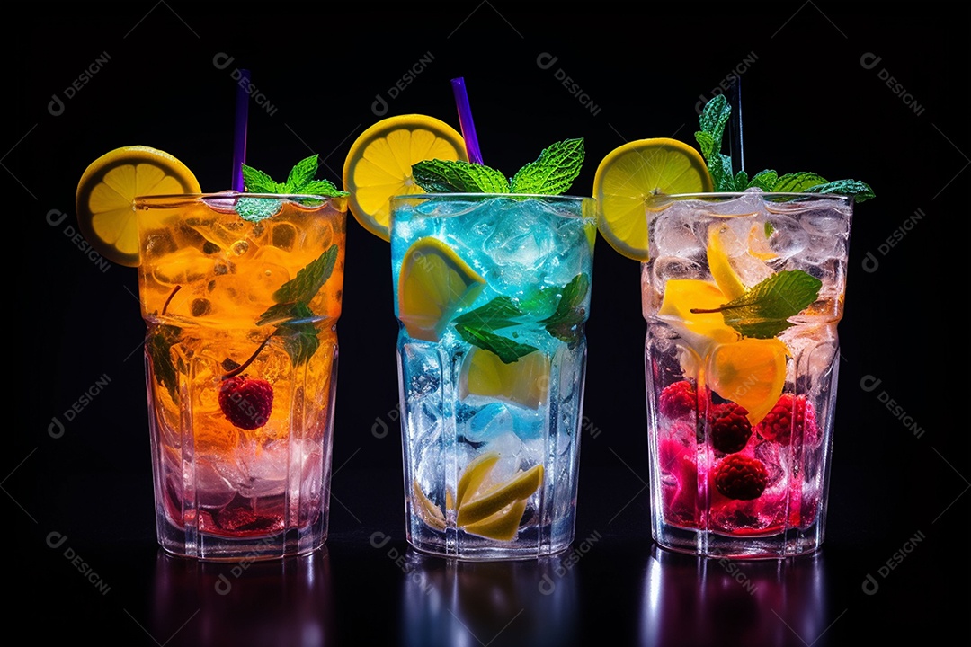 Coquetel de frutas multicolorido com gelo, limão e hortelã em um bar, festa noturna com refrigerantes