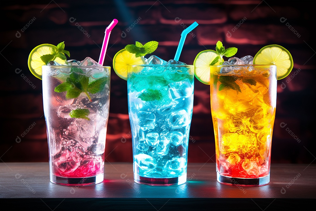 Coquetel de frutas multicolorido com gelo, limão e hortelã em um bar, festa noturna com refrigerantes