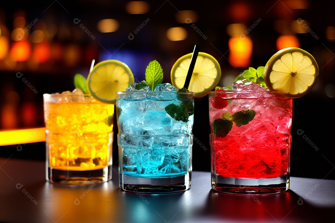 Coquetel de frutas multicolorido com gelo, limão e hortelã em um bar, festa noturna com refrigerantes