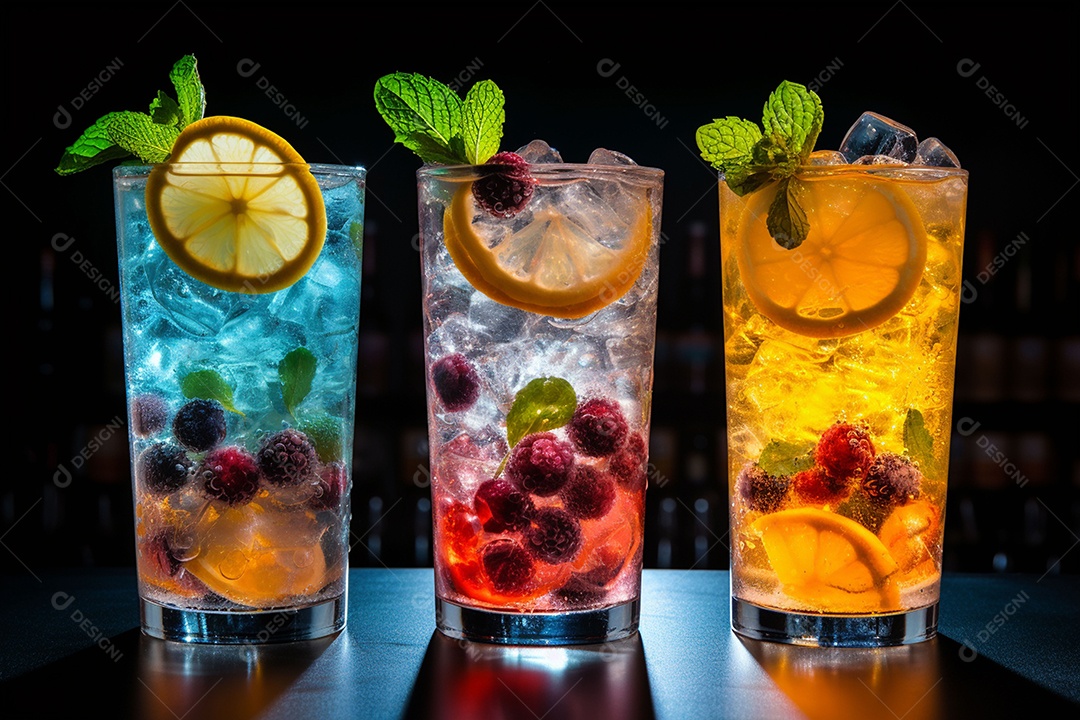 Coquetel de frutas multicolorido com gelo, limão e hortelã em um bar, festa noturna com refrigerantes