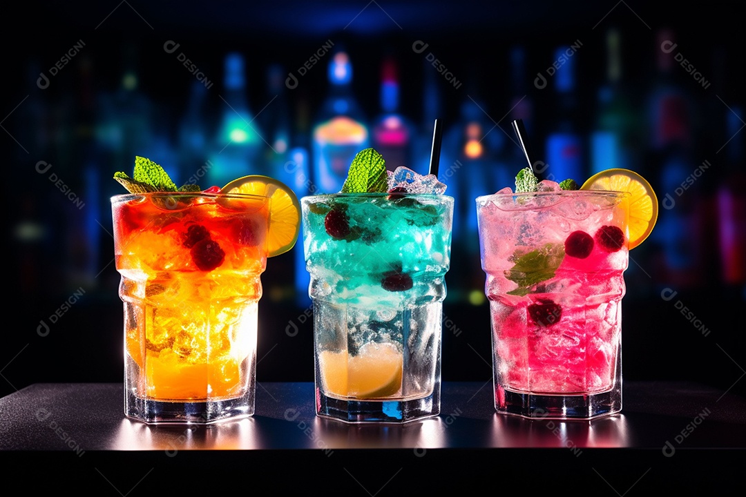 Coquetel de frutas multicolorido com gelo, limão e hortelã em um bar, festa noturna com refrigerantes