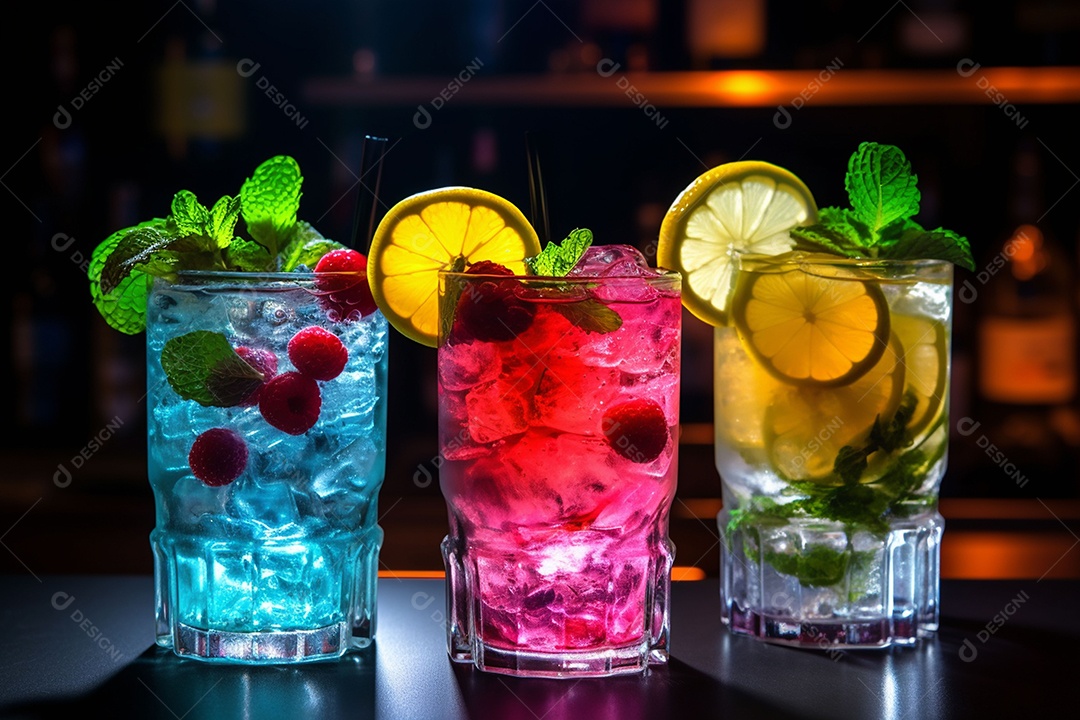 Coquetel de frutas multicolorido com gelo, limão e hortelã em um bar, festa noturna com refrigerantes