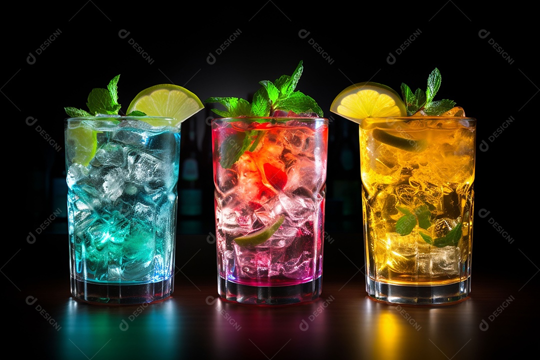 Coquetel de frutas multicolorido com gelo, limão e hortelã em um bar, festa noturna com refrigerantes