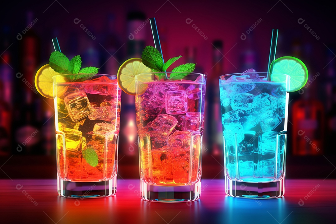 Coquetel de frutas multicolorido com gelo, limão e hortelã em um bar, festa noturna com refrigerantes