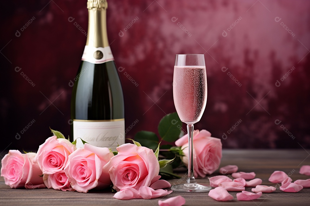 Vinho espumante com rosas para o Dia dos Namorados e Dia das Mães em fundo escuro