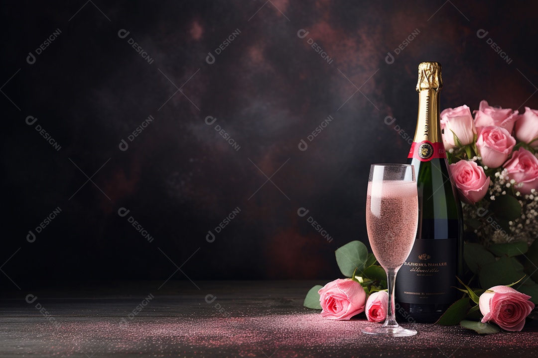 Vinho espumante com rosas para o Dia dos Namorados e Dia das Mães em fundo escuro