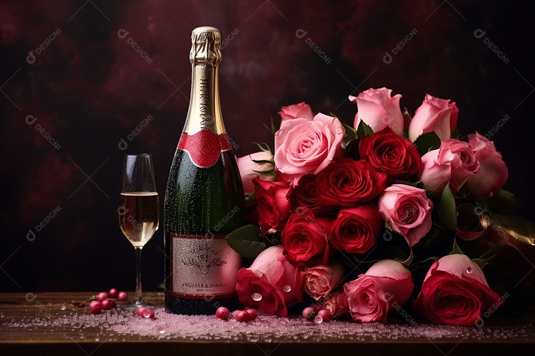 Vinho espumante com rosas para o Dia dos Namorados e Dia das Mães em fundo escuro