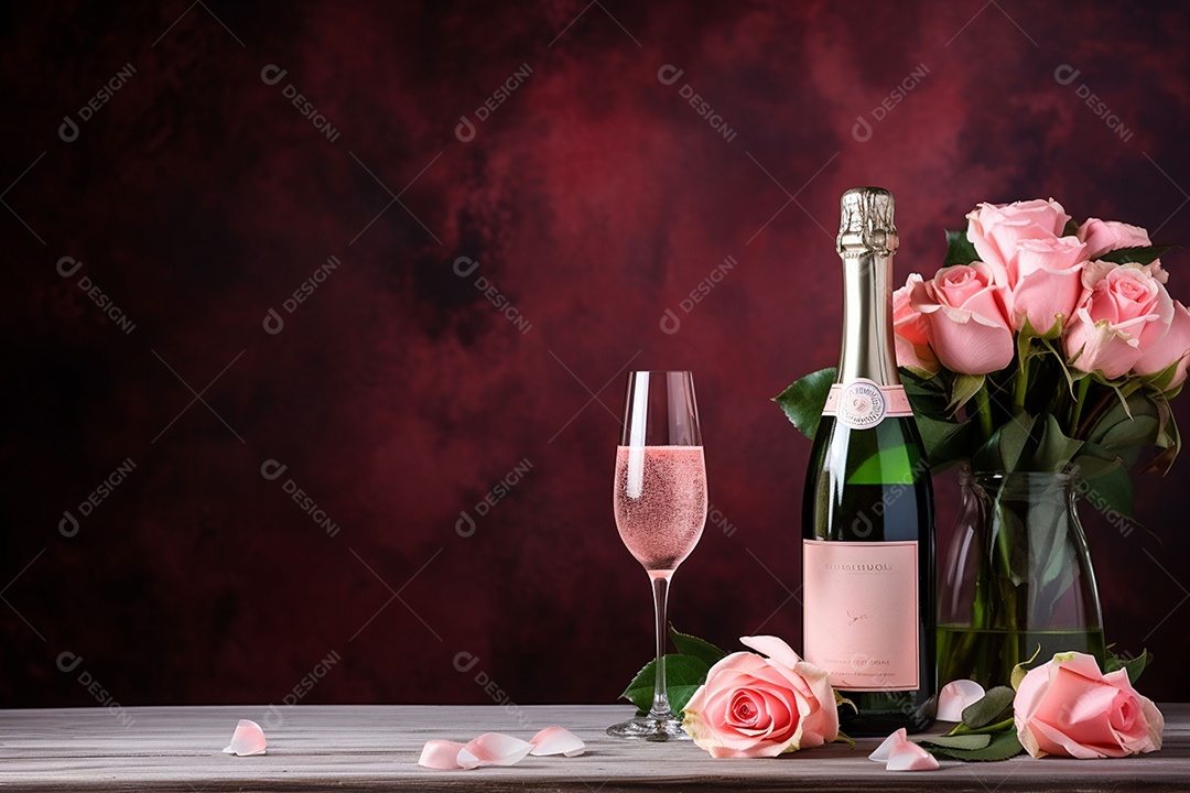 Vinho espumante com rosas para o Dia dos Namorados e Dia das Mães em fundo escuro