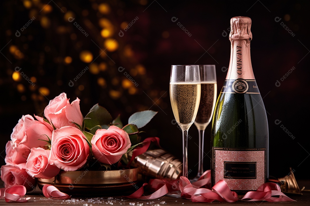 Vinho espumante com rosas para o Dia dos Namorados e Dia das Mães em fundo escuro