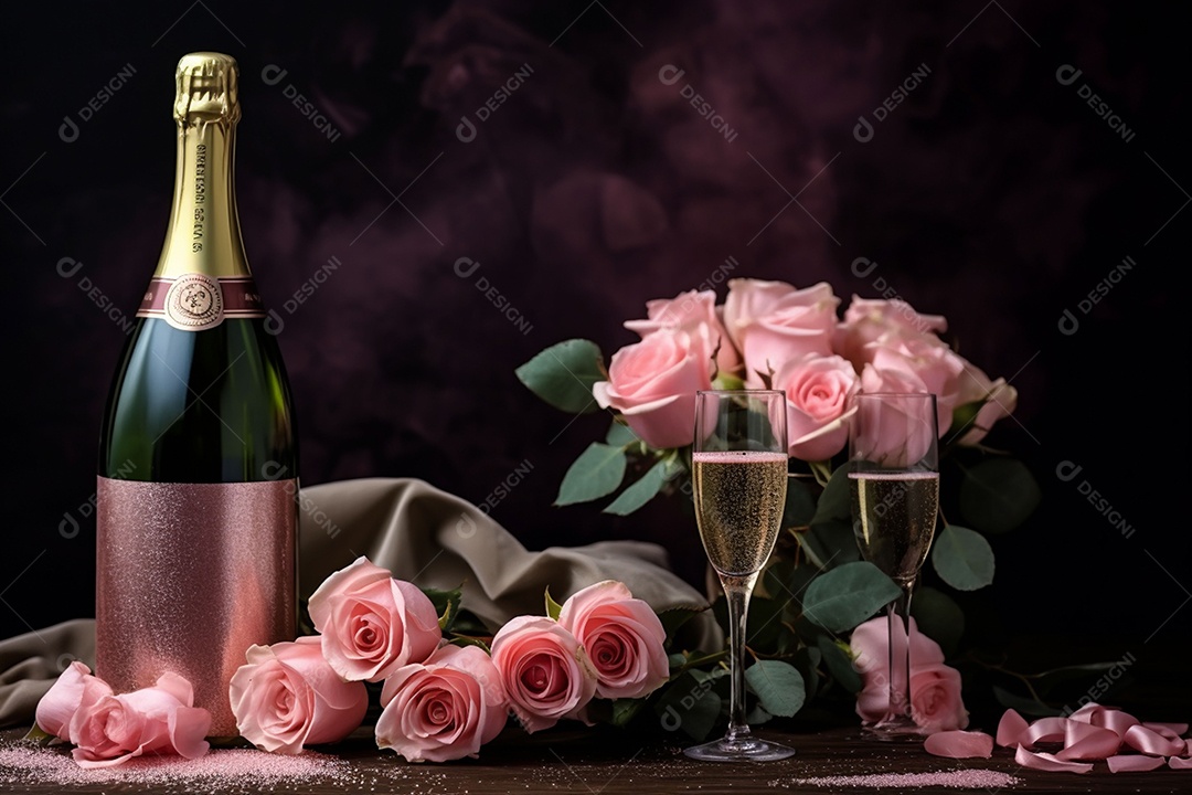 Vinho espumante com rosas para o Dia dos Namorados e Dia das Mães em fundo escuro