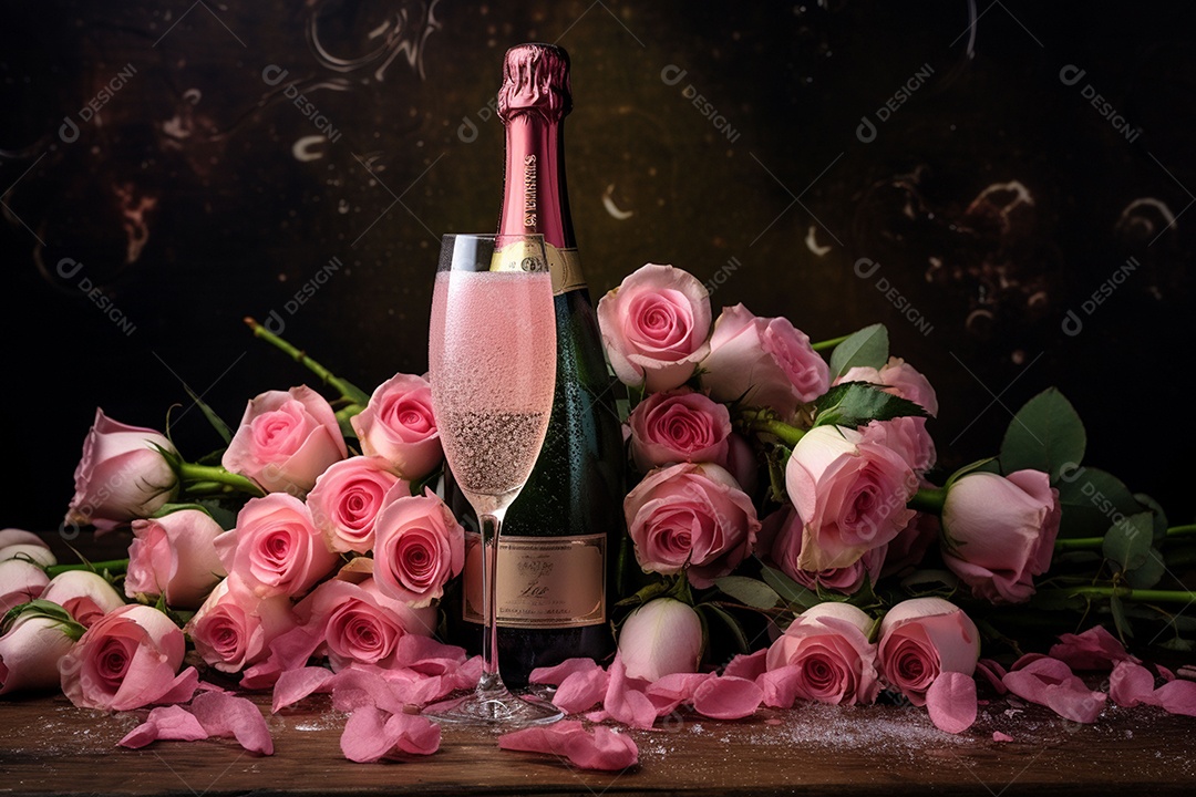 Vinho espumante com rosas para o Dia dos Namorados e Dia das Mães em fundo escuro