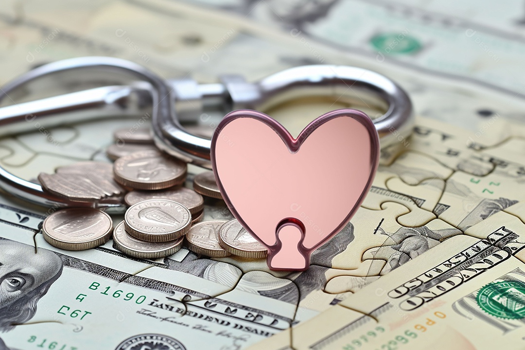 Um estetoscópio sobre dinheiro e um coração quebra-cabeça. Plano de saúde. Saúde e medicina. Quanto custa o tratamento. Dinheiro e remédios. Dia Mundial do Coração. Dia Mundial da Saúde.