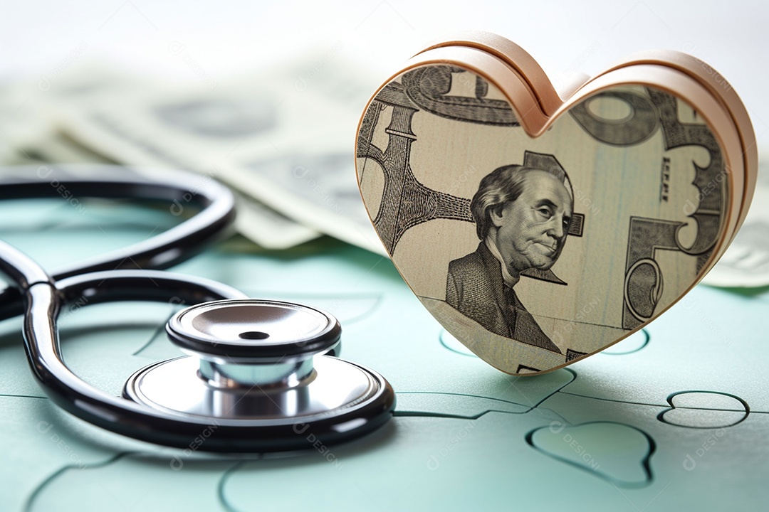 Um estetoscópio sobre dinheiro e um coração quebra-cabeça. Plano de saúde. Saúde e medicina. Quanto custa o tratamento. Dinheiro e remédios. Dia Mundial do Coração. Dia Mundial da Saúde.