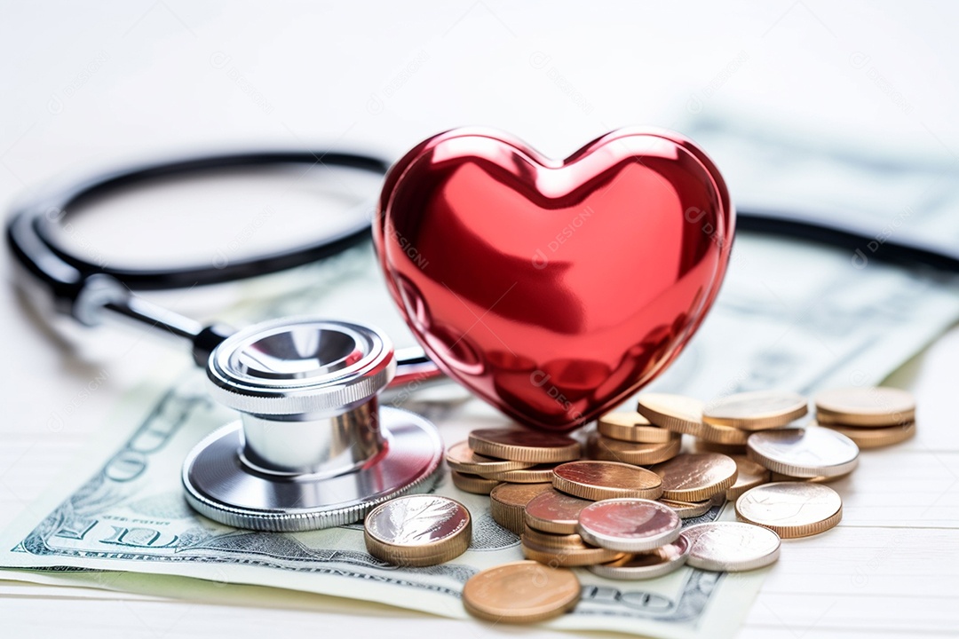 Um estetoscópio sobre dinheiro e um coração quebra-cabeça. Plano de saúde. Saúde e medicina. Quanto custa o tratamento. Dinheiro e remédios. Dia Mundial do Coração. Dia Mundial da Saúde.