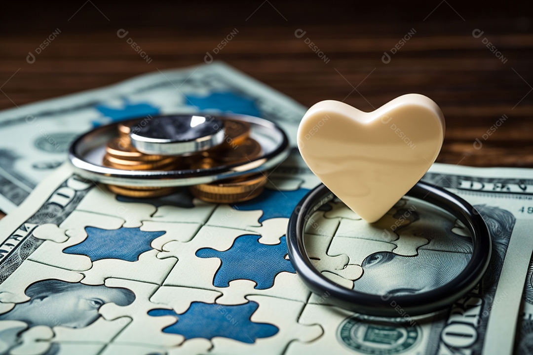 Um estetoscópio sobre dinheiro e um coração quebra-cabeça. Plano de saúde. Saúde e medicina. Quanto custa o tratamento. Dinheiro e remédios. Dia Mundial do Coração. Dia Mundial da Saúde.