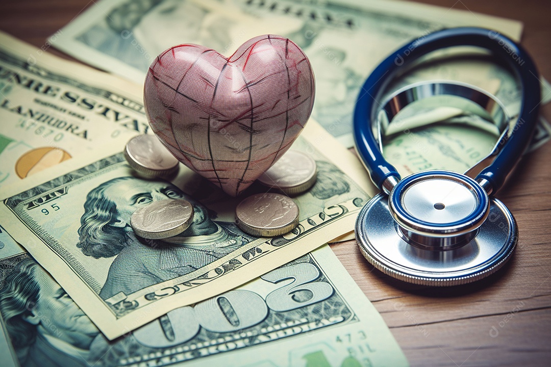 Um estetoscópio sobre dinheiro e um coração quebra-cabeça. Plano de saúde. Saúde e medicina. Quanto custa o tratamento. Dinheiro e remédios. Dia Mundial do Coração. Dia Mundial da Saúde.