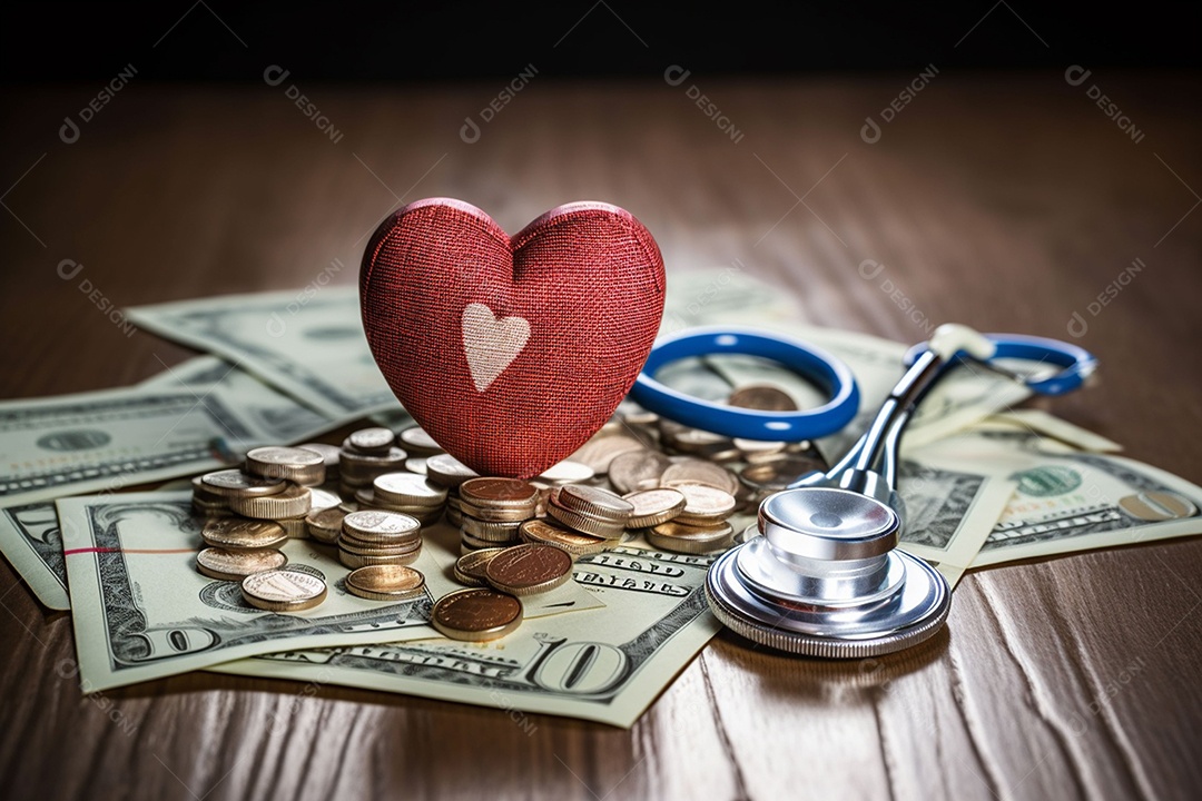 Um estetoscópio sobre dinheiro e um coração quebra-cabeça. Plano de saúde. Saúde e medicina. Quanto custa o tratamento. Dinheiro e remédios. Dia Mundial do Coração. Dia Mundial da Saúde.