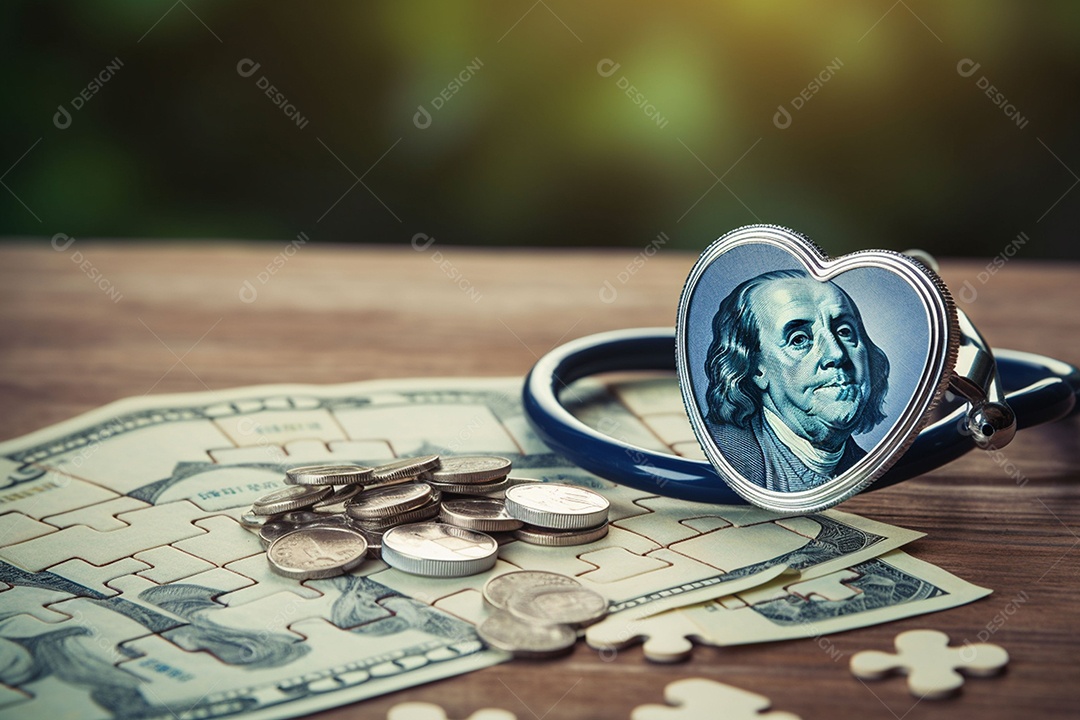 Um estetoscópio sobre dinheiro e um coração quebra-cabeça. Plano de saúde. Saúde e medicina. Quanto custa o tratamento. Dinheiro e remédios. Dia Mundial do Coração. Dia Mundial da Saúde.