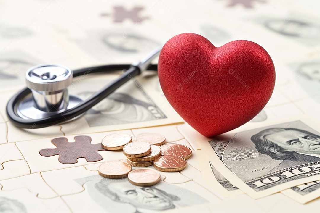 Um estetoscópio sobre dinheiro e um coração quebra-cabeça. Plano de saúde. Saúde e medicina. Quanto custa o tratamento. Dinheiro e remédios. Dia Mundial do Coração. Dia Mundial da Saúde.