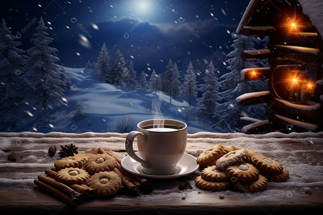 Xícara de café ao lado de biscoitos sobre uma mesa de madeira