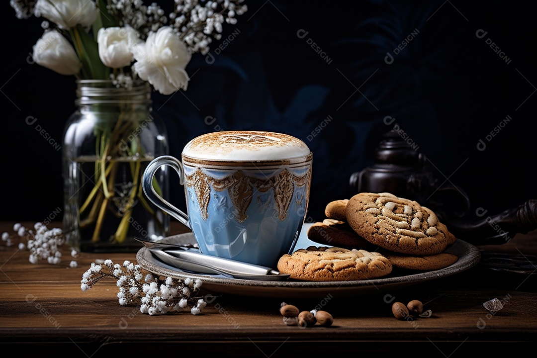 Xícara de café ao lado de biscoitos sobre uma mesa de madeira