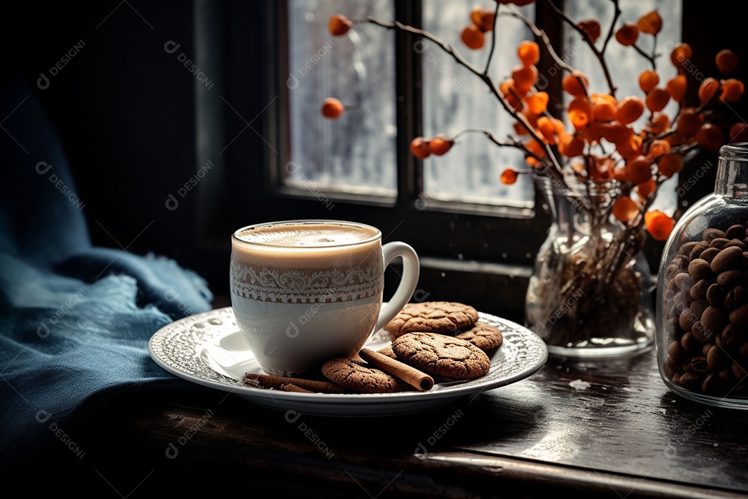 Café de inverno com biscoitos