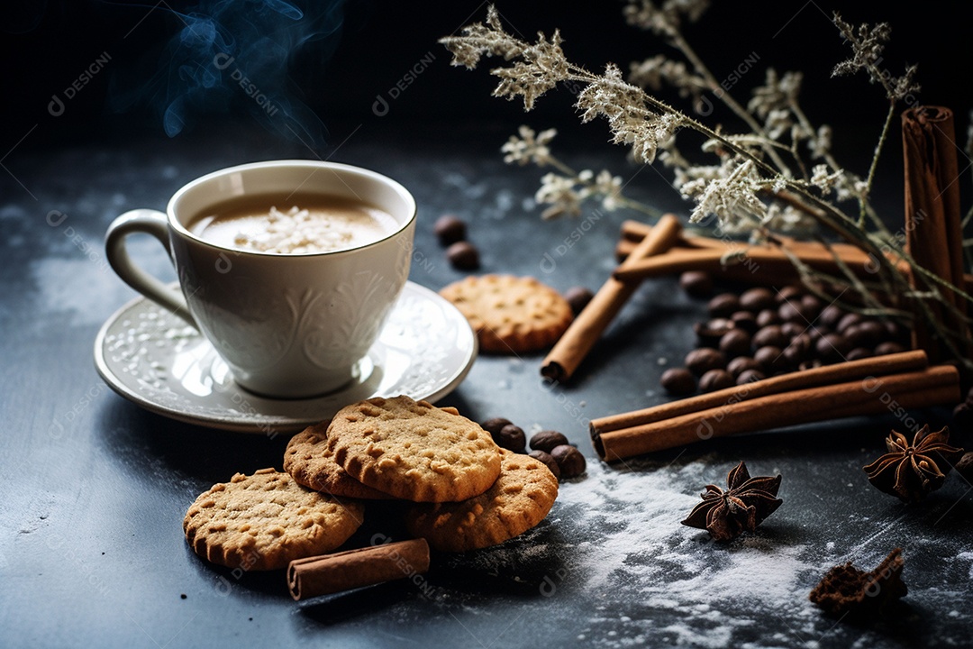 Xícara de café ao lado de biscoitos sobre uma mesa de madeira