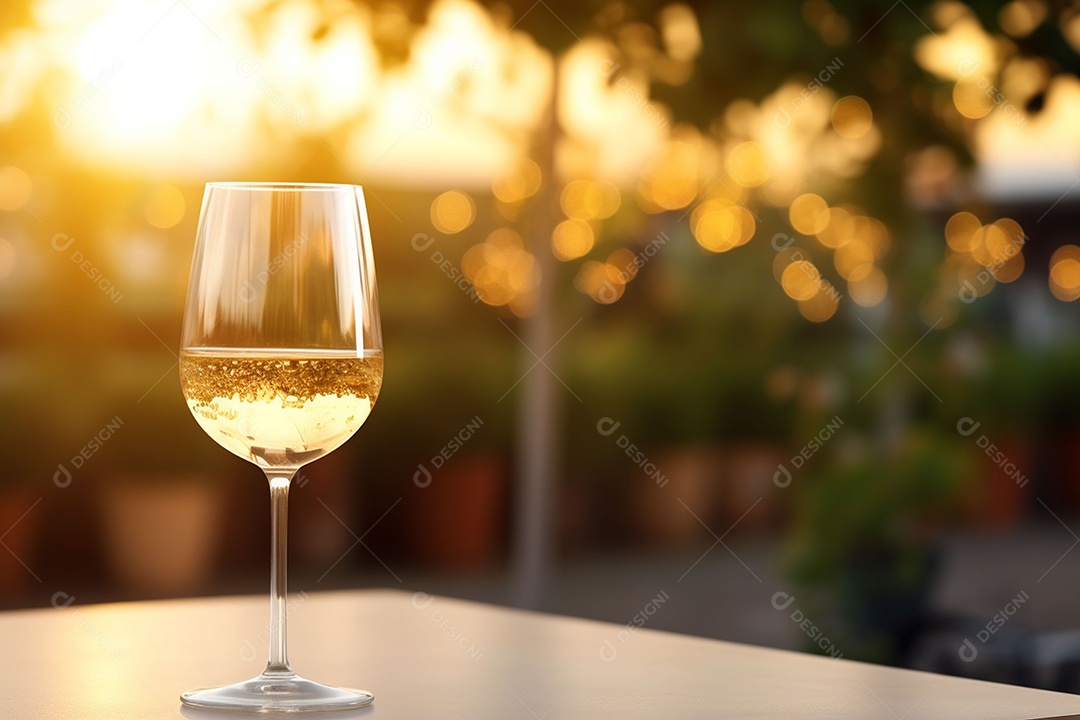 Uma mesa de restaurante com uma taça de vinho branco, luz dourada suave, restaurante caro com lindas luzes, ao ar livre e à noite