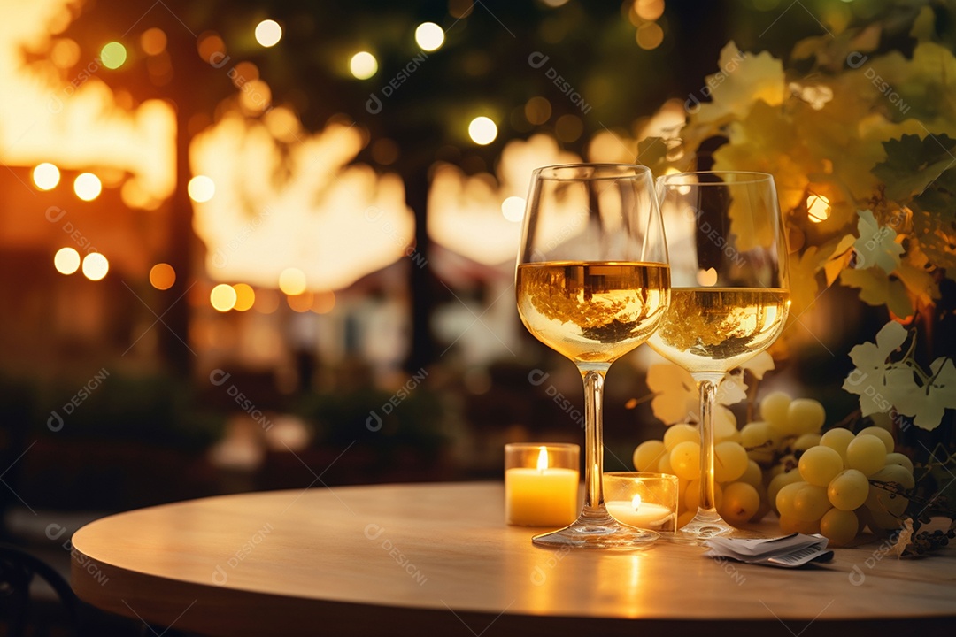 Uma mesa de restaurante com uma taça de vinho branco, luz dourada suave, restaurante caro com lindas luzes, ao ar livre e à noite