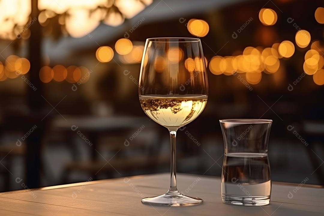 Uma mesa de restaurante com uma taça de vinho branco, luz dourada suave, restaurante caro com lindas luzes, ao ar livre e à noite