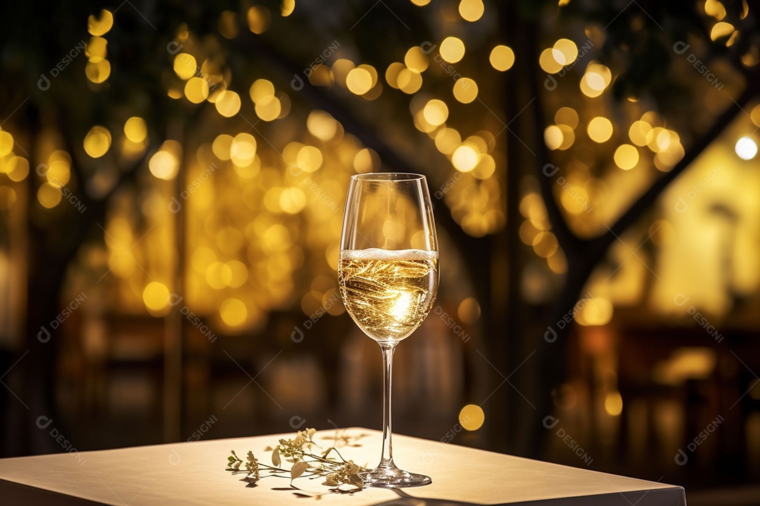 Uma mesa de restaurante com uma taça de vinho branco, luz dourada suave, restaurante caro com lindas luzes, ao ar livre e à noite